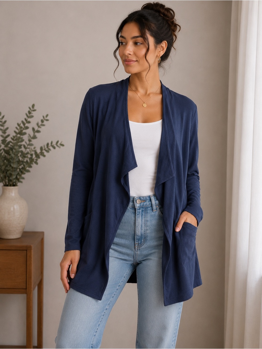 Caslon Navy Blue Draped Open Front Cardigan 100% Cotton Women’s Size: Large